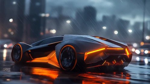 Futuristic sports car on wet city roadway at night.