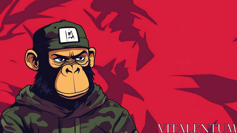 Stoic cartoon chimp soldier stands before jagged red silhouettes