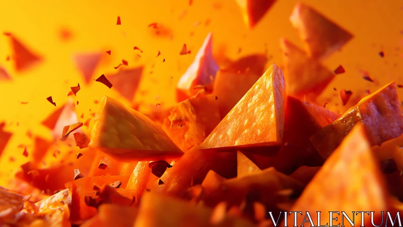 Crunchy orange triangular chips explode through warm light field