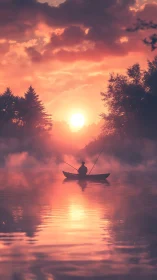 Solitary fisherman drifts under blazing rose sunrise glow.