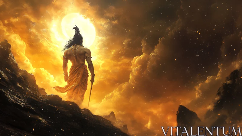 Sun-forged warrior strides through storm-lit celestial fire.