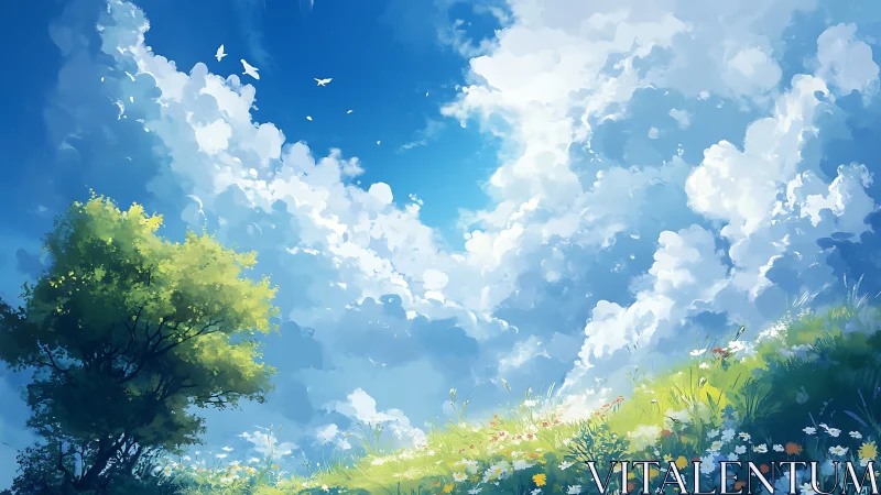 Tree and flowered hillside under expansive cloud-filled sky.