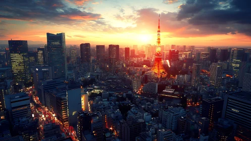 Digital painting skyline study of Tokyo at neon dusk glow.