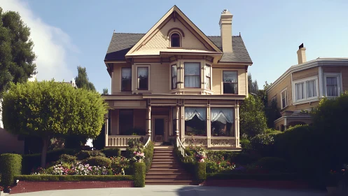 Victorian house facade with manicured garden and porch