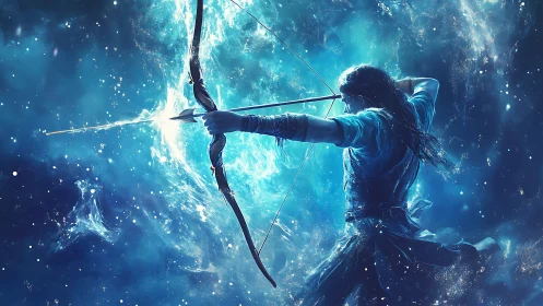 Celestial archer draws luminous bow within cosmic vortex.