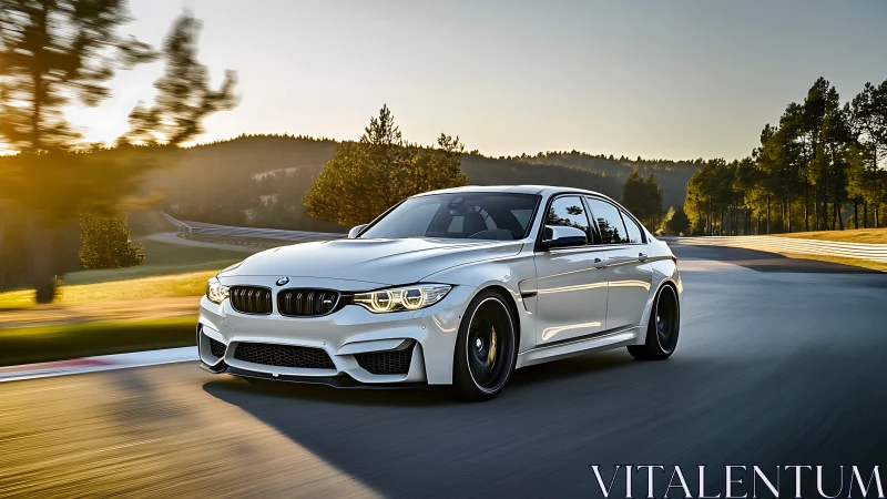 Performance sedan accelerates through sunlit racetrack curve