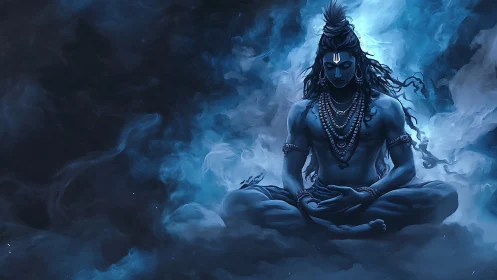 Blue ethereal deity meditates within swirling cosmic mist