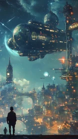 Orbital carrier over luminous neo-gothic megacity at dusk