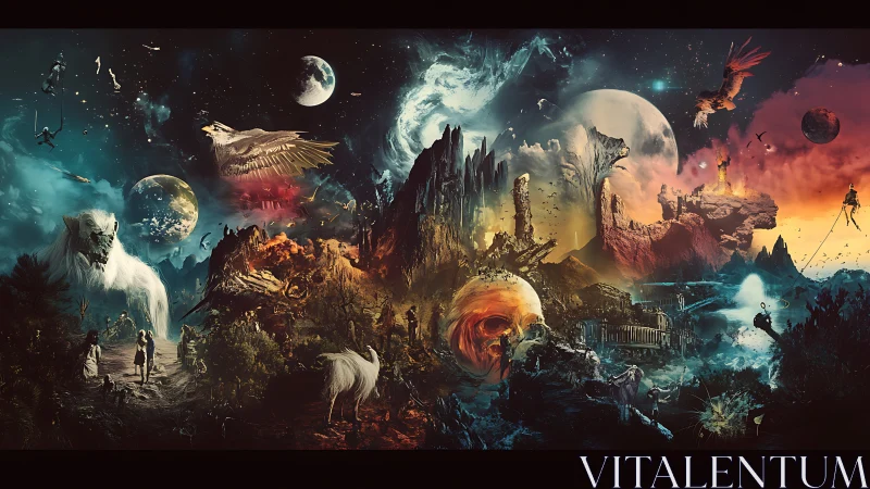 Surreal cosmic landscape merges mythic beasts with fractured worlds