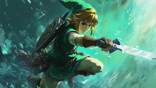 Heroic swordsman lunges through swirling teal lightstorm.