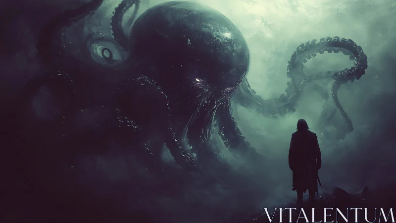 Lone figure confronting colossal tentacled sea monster.
