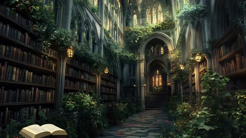 Gothic library sanctuary with overgrown botanical arches.