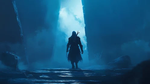 Hooded figure stands in blue-lit cavernous passageway
