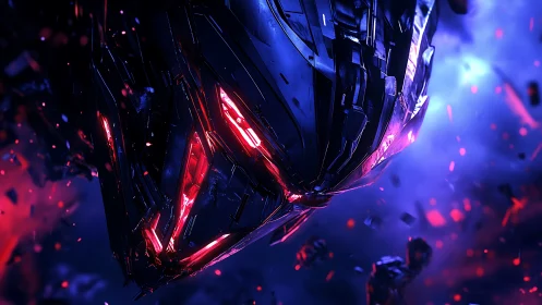 Fragmented robotic head with red lights in space field.