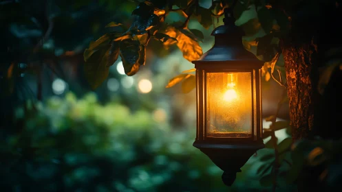 Garden lantern glows like a quiet ember in twilight greenery.