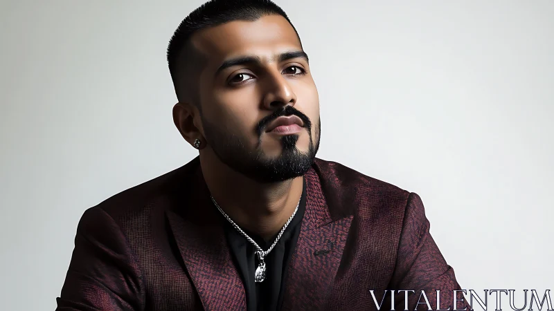 Photorealistic half-length portrait in textured burgundy blazer