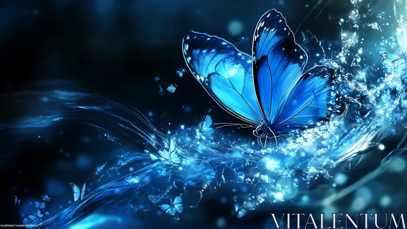 Luminous blue butterflies burst from swirling liquid light.