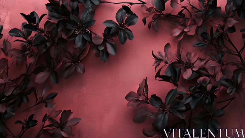 Dark botanical branches contrast sharply with matte coral wall