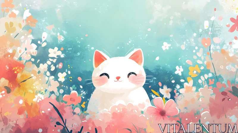 Blissful White Cat Smiling Among Wildflower Dreams.
