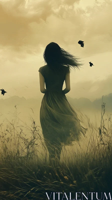 Solitary dreamer walks through wind-swept grass and soft sky