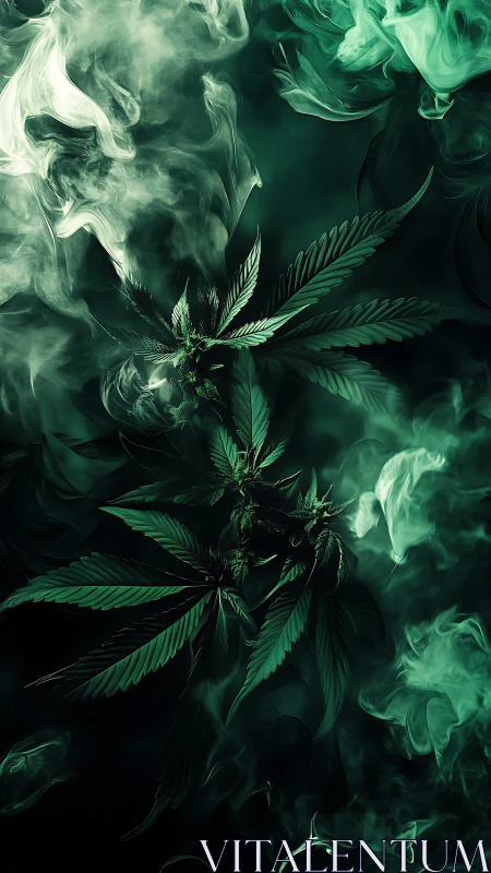 Emerald smoke curls serenade luminous cannabis leaves