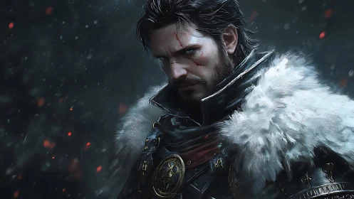 Scarred winter warlord broods beneath drifting embers.