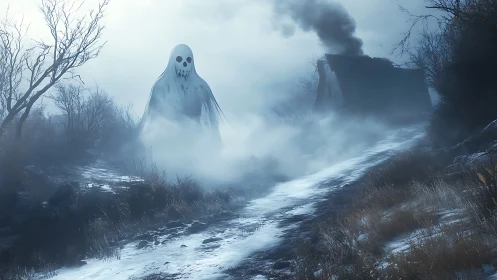 Ghostly giant in foggy winter field near ruined cottage.