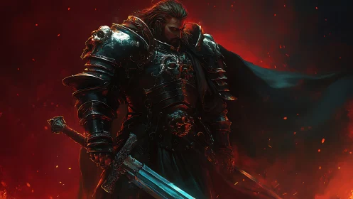 Heavily armored dark knight with longsword in fiery red embers