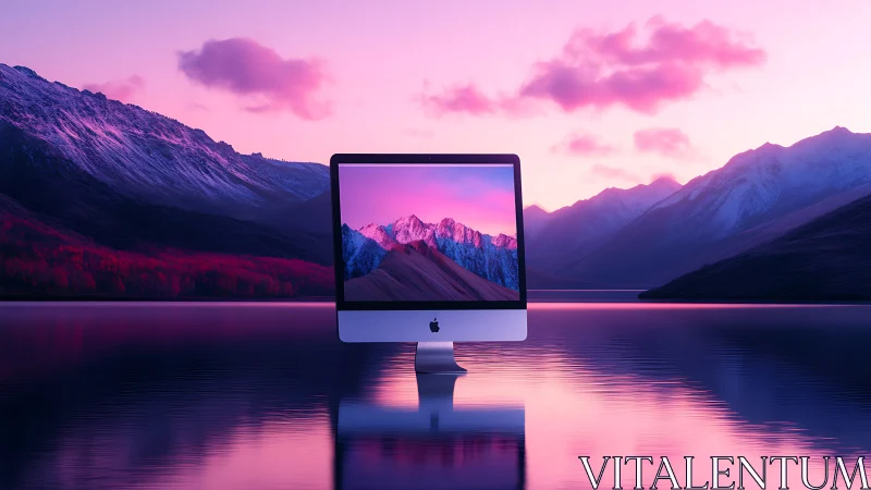 Desktop monitor in reflective lake with pink mountain backdrop.