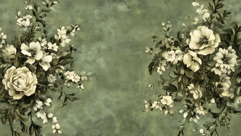 Vintage floral bouquets sit on textured green background