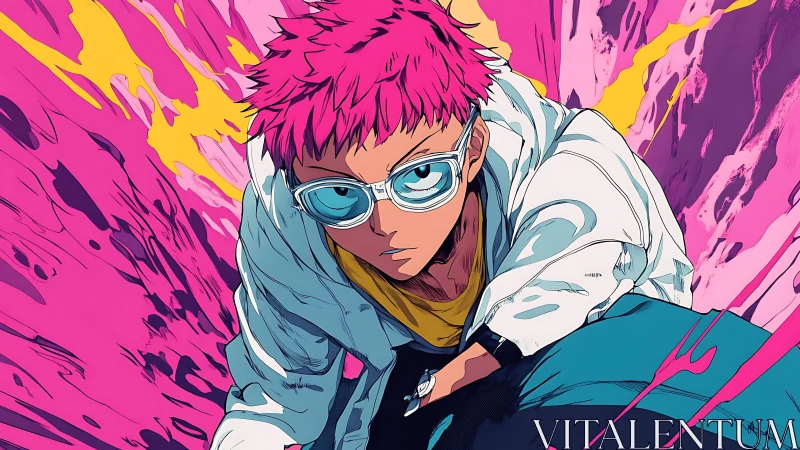 Pink haired character in motion against abstract background.