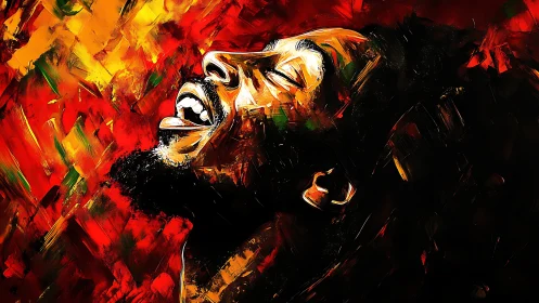 Portrait of ecstatic singer painted in vivid red and gold