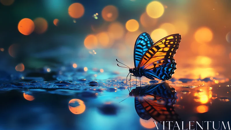 Bioluminescent butterfly reflected on wet surface at dusk.