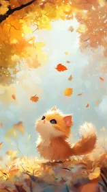 Orange kitten watches falling autumn leaves in soft light