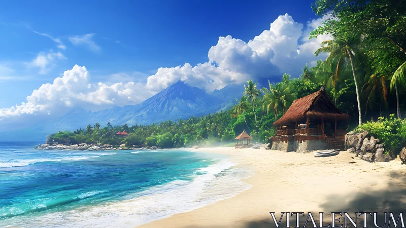 Tropical Volcanic Paradise: Coastal Landscape with Mount Merapi & Bamboo Structures