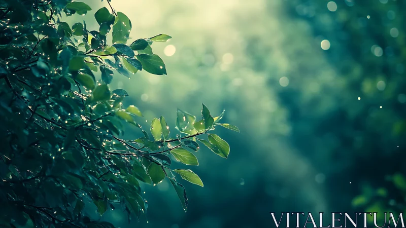 Soft morning light on dewy forest leaves in quiet glow.
