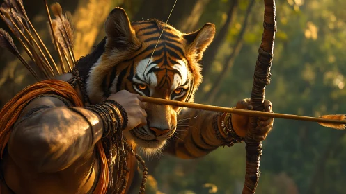 Anthropomorphic tiger archer drawing a bow in forest light