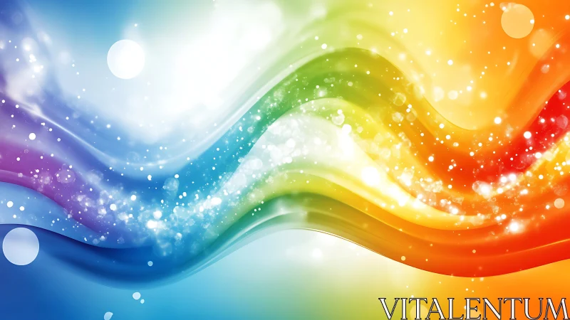 Swirling rainbow light waves with sparkling bokeh field.