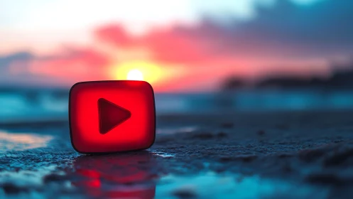 Luminous red play icon rests on wet shore at sunset