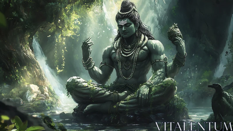 Meditating deity statue in lush rainforest clearing