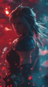 Warrior woman dominates fiery bokeh battlefield portrait.