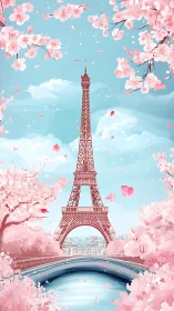 Illustrated Eiffel Tower framed by stylized cherry blossoms