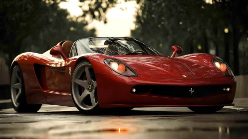 Low-angle red supercar gleaming on wet city street at dusk.