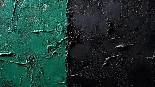 Textured abstract painting with green and black color blocks.