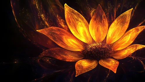 Solar petal bloom igniting the dark with ember-bright grace.