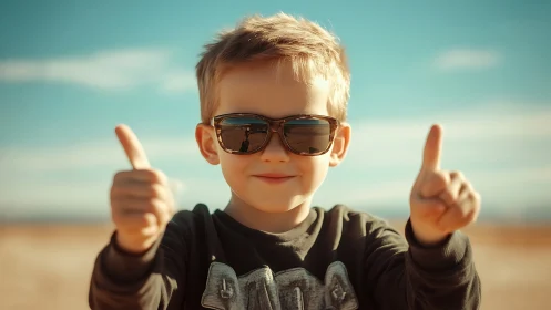 Young Boy Beach Portrait with Sunglasses Thumbs Up Gesture.