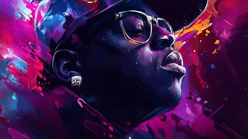 Neon portrait of man in glasses amid vivid color bursts.