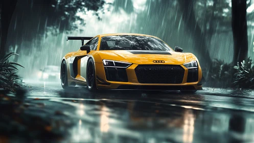 Yellow sports coupe is parked on a wet road during rainfall