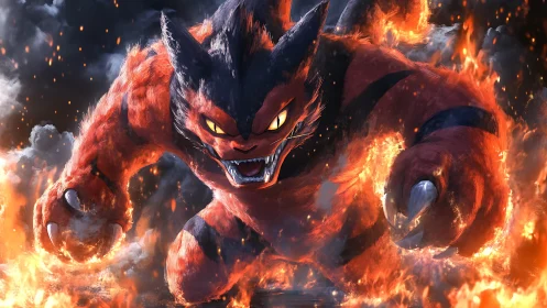 Flaming feline heavyweight charging through explosive firestorm