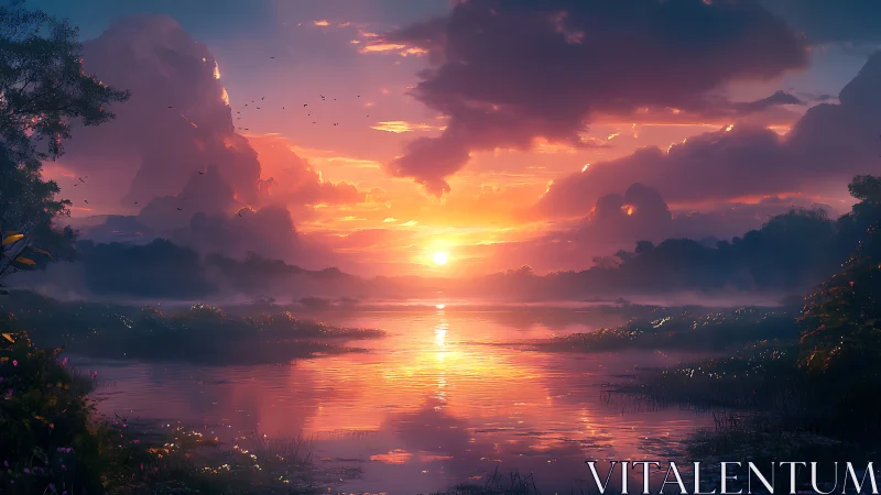 Radiant sunset over reflective river with cinematic clouds.